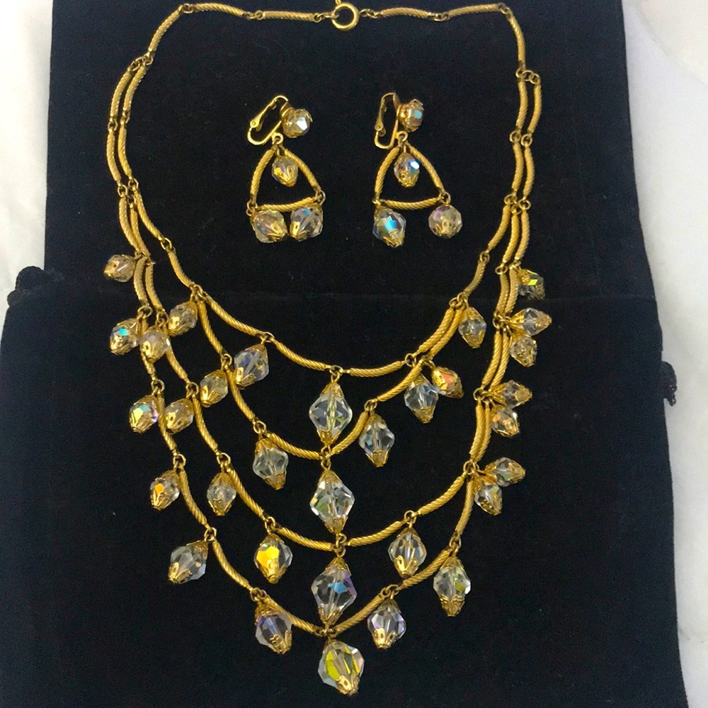 Vintage gold and crystal drop necklace
